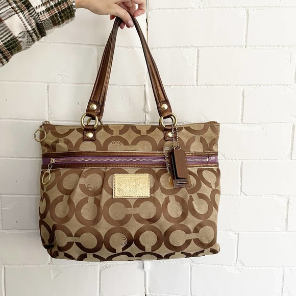 COACH Poppy Tote Shoulder Bag Signature CC Jacquard Purple Zipper - Picture 1 of 9